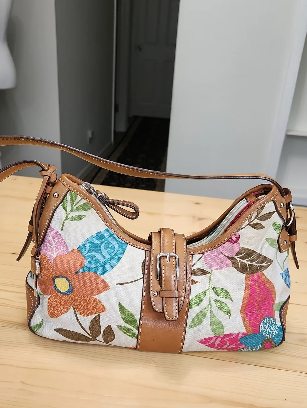 Vintage Fossil Floral Canvas Shoulder Bag Leather Trim Y2k - Picture 6 of 17